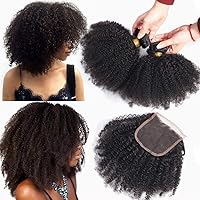 Mongolian Afro Kinky Curly Bundles Human Hair Bundles With Closure for Black Women,100% Unprocessed Human Hair Weave 3 Bundles with Closure 4B 4C Virgin Hair(12