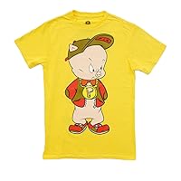 Looney Tunes Hip Porky Pig Front and Back Adult T-Shirt (Adult Small) Yellow