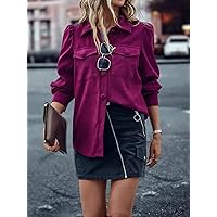 Women's Casual Jacket Fashion Beauty Flap Pocket Puff Sleeve Corduroy Coat Unique Comfortable Charming Lovely (Color : Purple, Size : X-Large)