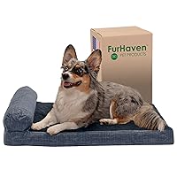 Furhaven Memory Foam Dog Bed for Medium/Small Dogs w/ Removable Bolster & Washable Cover, For Dogs Up to 35 lbs - Quilted Fleece & Suede Print Bolster Chaise - Dark Blue, Medium