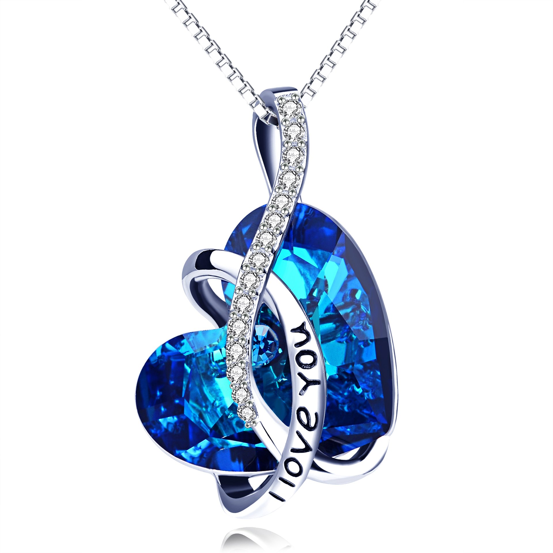 AOBOCO I Love You Sterling Silver 12 Birthstone Heart Pendant Necklace Embellished with Crystals from Austria, Mother's Day Anniversary Birthday Jewelry Christmas Gifts for Women Grandma Nana