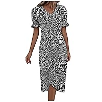 Dresses for Women 2024 Summer Casual Dress V Neck A-Line Boho Ditsy Floral Flounce Sleeve Wrap Hem Dress