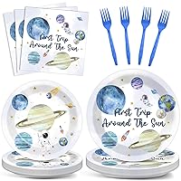 200 Pieces First Trip Around the Sun Birthday Party Supplies for 1st Space Birthday Party Outer Space Birthday Party Paper Plates Napkins Forks for Boys Girls Baby Shower Birthday Party Decorations