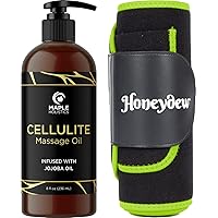 Cellulite Massage Oil and Waist Trainer - Advanced Cellulite Oil for Thighs and Body Firming with Body Toning Neoprene Sweat Shaper for Maximum Belly Reduction - Slimming Workout Essentials - Large