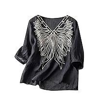 Womens Embroidery Tops Casual V Neck T Shirt Loose Fit Half Sleeve Tunic Summer Trendy Cotton Linen Blouse Tee Top