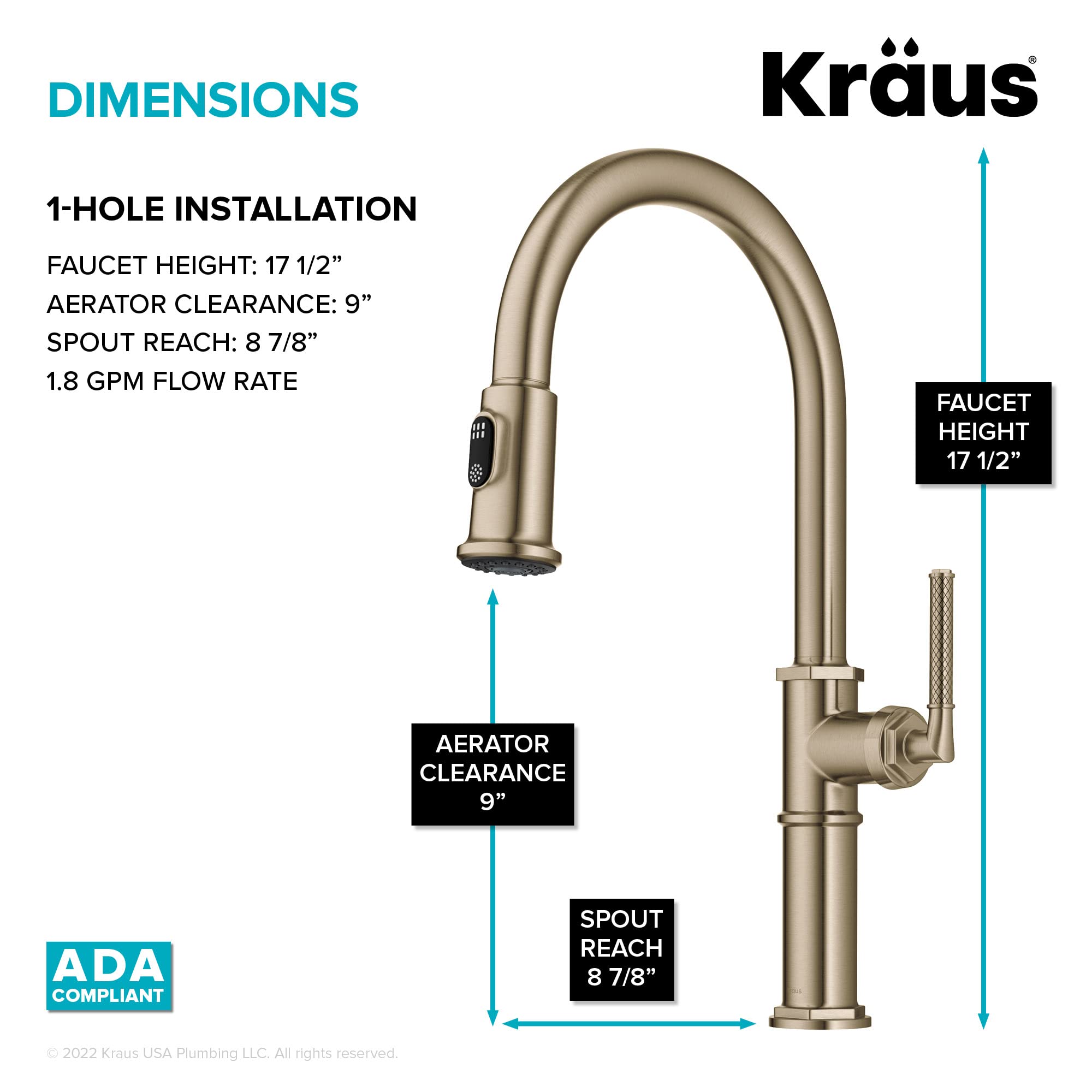 KRAUS® Allyn™ Traditional Industrial Pull-Down Single Handle Kitchen Faucet in Brushed Gold, KPF- 4100BG