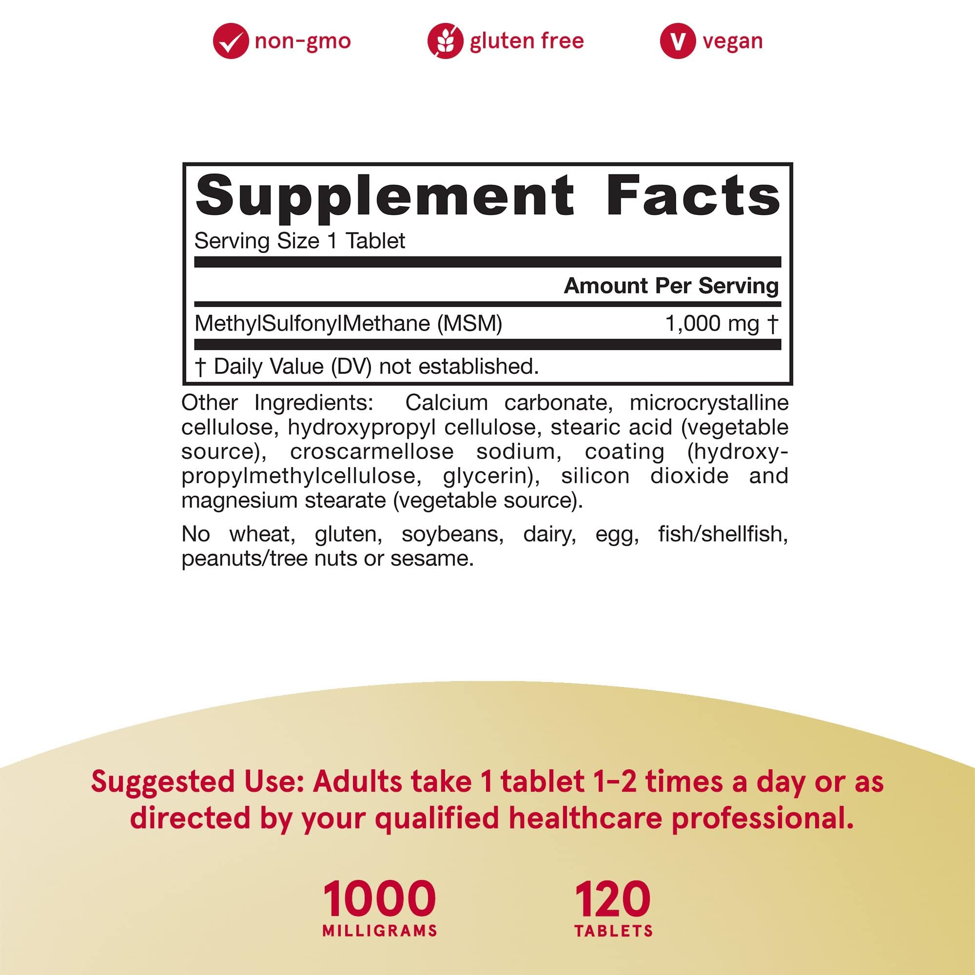Jarrow Formulas MSM 1000 mg - 120 Tablets - Methylsulfonylmethane - Important Source of Organic Sulfur - Joint Health - Up to 120 Servings