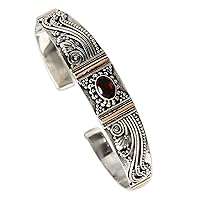 NOVICA Artisan Handmade Garnet Bracelet Gold Accent .925 Sterling Silver Cuff Red Indonesia Birthstone Balinese Traditional 'Paradise'
