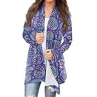 Womens Easter Cardigan Sweaters,Women's Long-Sleeve Easter Egg and Bunny Printed Jacket Crewneck Trendy Cardigan Casual Top