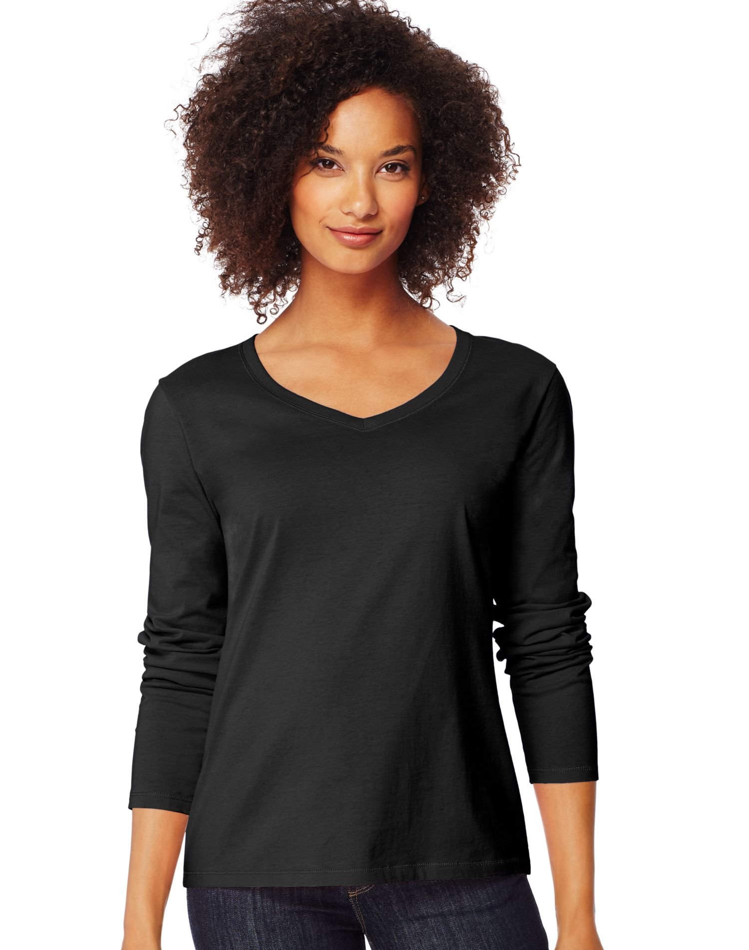 Hanes Womens Originals Long Sleeve Cotton V-Neck T-Shirt, Lightweight V-Neck Tee, Modern Fit