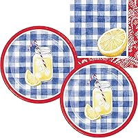 Lemonade Paisley and Plaid Picnic Party Tableware Supplies | Bundle Includes Paper Dessert Plates and Lunch Napkins for 16 People