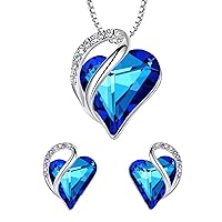 Leafael Infinity Love Heart Necklace and Stud Earrings for Women, September Birthstone Crystal Jewelry, Silver Tone Bundle Gifts for Women, Rainbow Sapphire Blue