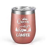 Lifecapido Camping Gifts for Women, Queen of The Camper Insulated Wine Tumbler 12oz, Cool Camper Gifts Christmas Birthday Gifts for Women Camper Outdoor Lovers Mom Friends Boss Lady (Rose Gold)