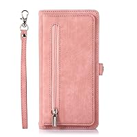 XRJNFHI-- Wristband Case for Samsung Galaxy S24 Ultra/S24 Plus/S24, with 9 Card Slots Flip Kickstand, Zipper Wallet Leather Case for Woman Man (S24,Pink)