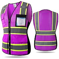 Safety Vest for Women with 8 Pockets and Zipper Women High Visibility Reflective Mesh Work Vest Meets ANSI/ISEA Standards(KZW-Purple,S)