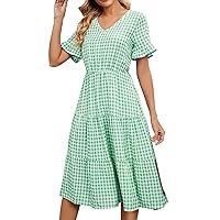 New Pleated Wrap Lace Up Short Sleeve Square Collar Long Plaid Dress Petite Dresses for Women