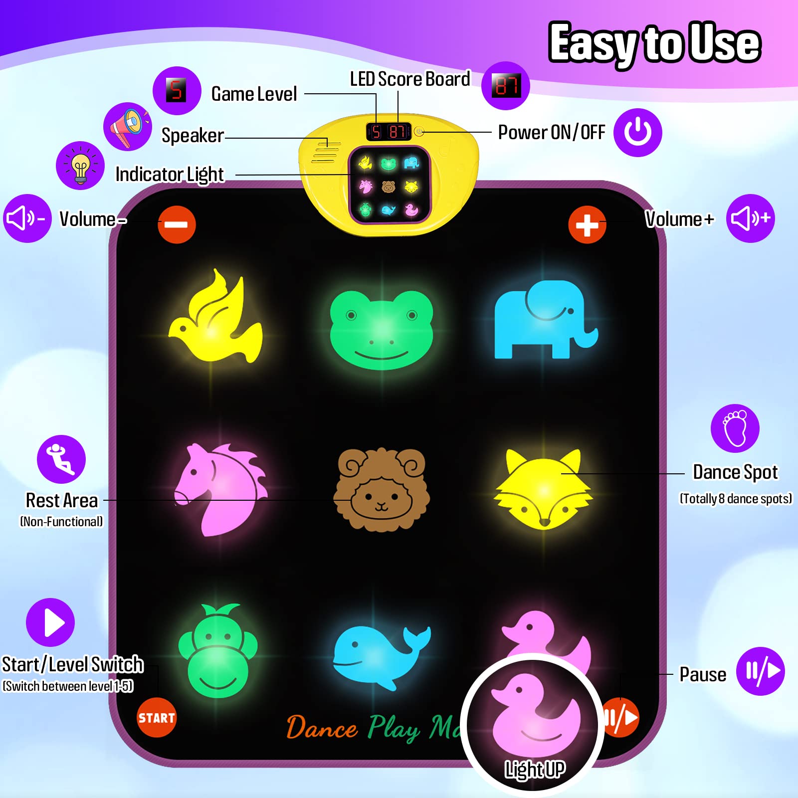 Dance Mat Toys for 3-8 Year Old for Kids, Upgraded Electronic Dance Pad with Light Up,Music Dance Game Mat with 5 Game Modes, 3 Challenge Levels,Birthday Xmas Gifts for 3 4 5 6 7 8+ Year Old Girls