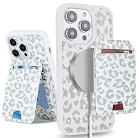 iPhone 14 Pro case with Credit Card Holder mag Safe, iPhone 14 Pro Phone Leather Case Wallet for Women Compatible mag Safe Wallet Detachable 2-in-1 for Men-White Leopard