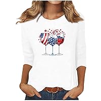 4th of July Shirts Women American Flag Shirt 3/4 Length Sleeve Womens Tops Independence Day Crewneck Festival Tops