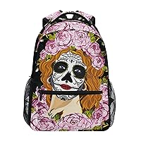 ALAZA Sugar Skull Day Of Dead Rose Backpack Purse with Multiple Pockets Name Card Personalized Travel Laptop School Book Bag, Size M/16.9 inch