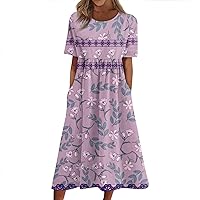 Summer Dresses for Women 2024 Floral Print Short Sleeve Crewneck Maxi Swing Prom Party Dresses with Pockets Vacation