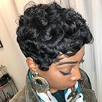 Human Hair Wig, Pixie Cut with Bangs, Natural, Full Machine Made, 1B#, Curly, Women's, Casual & Formal