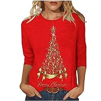 Merry Christmas Shirts for Women, Fashion Casual 3/4 Sleeve Xmas Tree Printed Round Neck Pullover Tunic Blouse Top