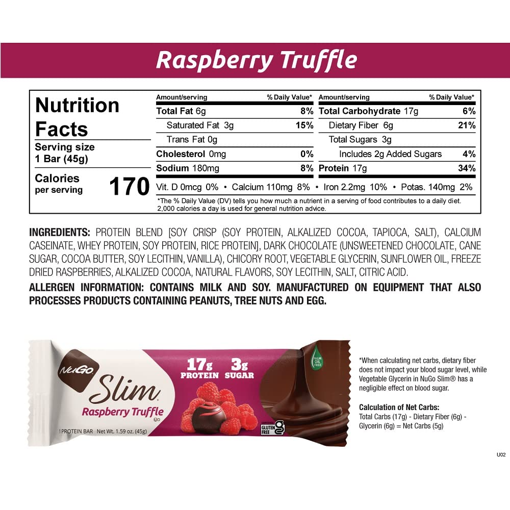 NuGo Slim Variety - Brownie Crunch 12 Bars & Raspberry Truffle 12 Bars, Low Net Carbs, Gluten Free, 24 Count