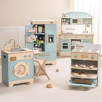 ROBOTIME Wooden Toddler & Kids Kitchen Playset, Toy Kitchen Sets with Toy Oven, Toy Fridge, and Toy Washing Machine, Wooden Kitchen Set is Suitable for Toddlers Ages 3+
