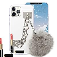Guppy Compatible with iPhone 13 Pro Max Makeup Mirror Plush Case for Women Girls Luxury Pearl Chain Holder Hand Strap Fur Furry Ball Hairy Fluffy Soft Silicone Protective Cover Case 6.7 inch Gray