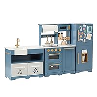 Little Chef Atlanta Large Modular Wooden Play Kitchen with Interactive, Realistic Features, and 17 Kitchen Accessories, for 3yrs and up, Blue/White/Gold