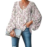 Womens Tops Boho Floral Print V Neck Long Sleeve Tops Casual Cute Loose Blouse Tunic Shirt