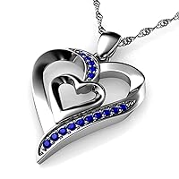 DEPHINI - Heart Necklace - 925 Sterling Silver - Double Love Heart Pendant - Blue CZ Crystals - Fine Jewelry - 18