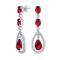 Art Deco Style Wedding Simulated Gemstone Jewel Colors AAA Cubic Zirconia Double Halo Large Pear Teardrop CZ Statement Dangle Chandelier Earrings For Women Bridal Party Silver Plated