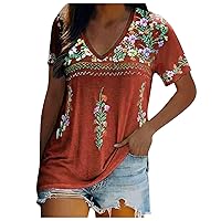 Womens V Neck T Shirt 2024 Fashion Casual Floral Printed Tunic Tops Summer Loose Fit Dressy Blouses Comfy Lightweight Tees