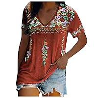 Women's Summer Boho Embroidery, Mexican Bohemian V Neck Shirts for Women, Ethnic Style Print Loose Fit Shirt Tunic Tops