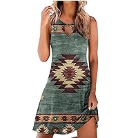 Summer Western Dress for Women Aztec Geometric Print Color Block Tunic Dress Crewneck Keyhole Sleeveless Tank Dress Sundress