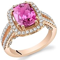 PEORA Created Pink Sapphire Rose Goldtone Halo Ring Sterling Silver 2.75 Carats Sizes 5 to 9