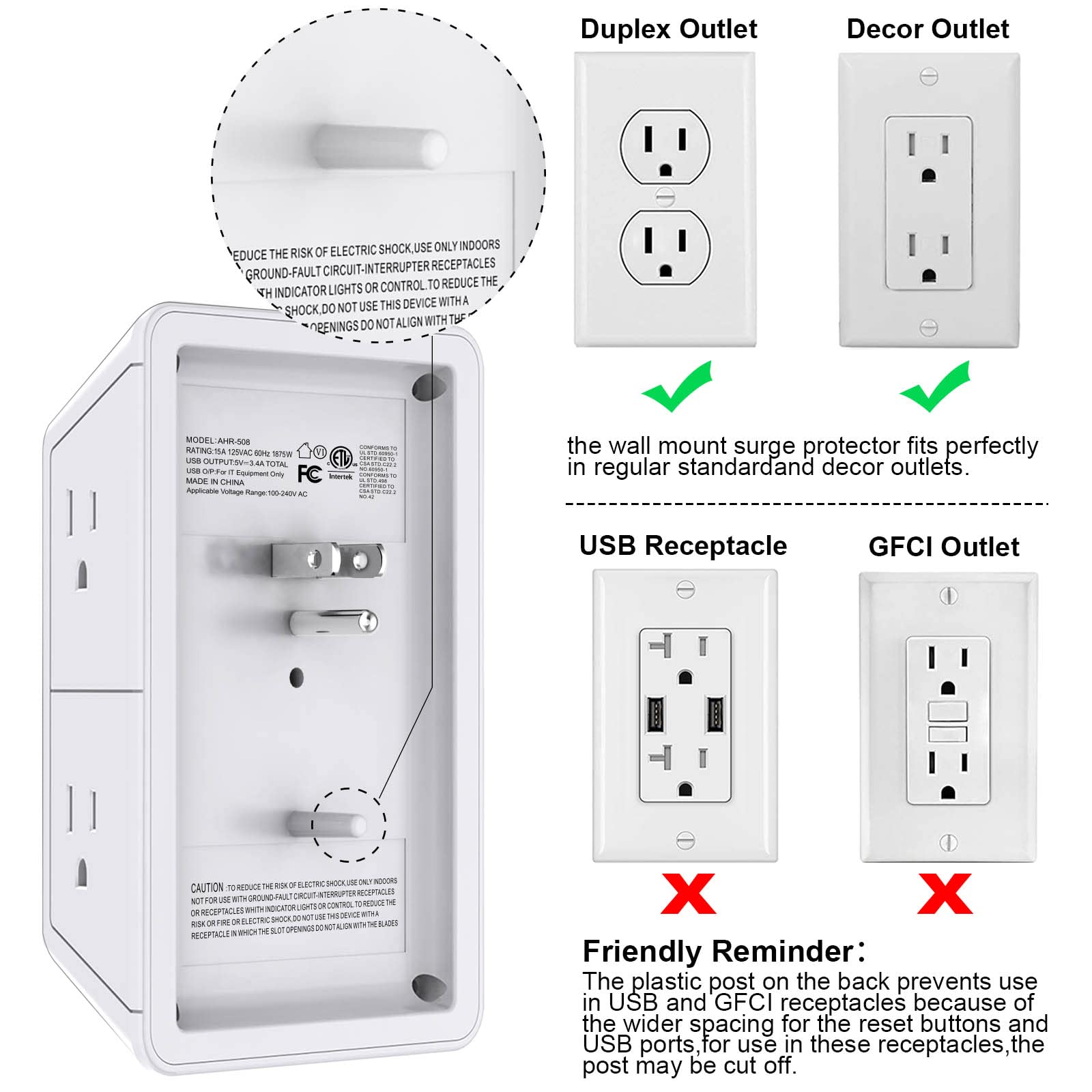 Surge Protector USB Outlet Extender - POWRUI Multi Plug with 6 Outlet Splitter and 3 USB Charging Ports and Night Light,3-Sided Power Strip with Adapter Spaced Outlets - White,ETL