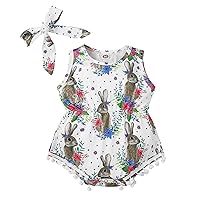 Easter Outfit Baby Girl Floral Bunny Print Romper Sleeveless Bodysuit Vest One Piece Jumpsuit Onesie Overalls With Headband