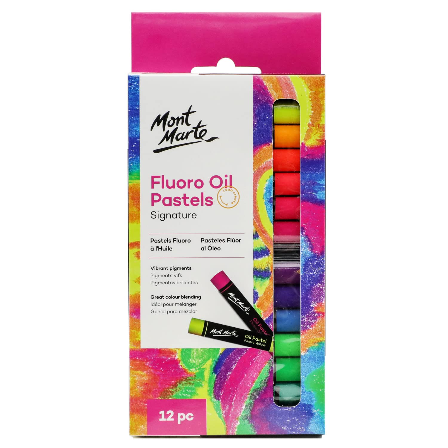 Mont Marte Fluoro Oil Pastels Signature 12pc, 12 Assorted Colors, Vibrant Oil Pastel Set, Great Blending and Layering, Ideal for Art, Craft