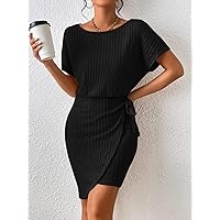 2023 Women's Dresses Batwing Sleeve Knot Side Wrap Hem Dress Women's Dresses (Color : Black, Size : Small)