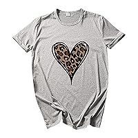 Leopard Love Heart Shirt for Women Valentines Day Casual Short Sleeve T-Shirt Crewneck Simple Fashion Tee Blouses