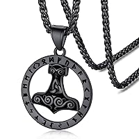 Viking Thor's Hammer Talisman Necklace for Men, Vintage Norse Mjolnir Amulet Pendant with Sturdy Wheat Chain, Stainless Steel Jewelry (Gift Box)