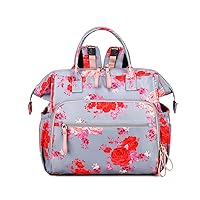 Convertible Diaper Bag Tote, Water-Resistant 14 Pockets Diaper Backpack with Anti-theft Pockets and Stroller Clips, Grey-Rose Flower