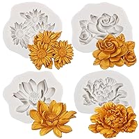 3D Peony Flower Fondant Molds Rose Sunflowers Silicone Molds For Cake Decorating Candy Chocolate Gum Paste Polymer Clay Set Of 4