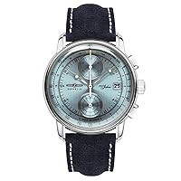 Zeppelin Men's Watch with Leather Strap Series 100 Years ED. 1 Chronograph Date 8670-4, Ice Blue / Leather Strap, Strap.