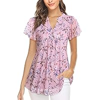 Youtalia Women's Short Sleeve Tunic Tops Layered Notch V-Neck Casual Shirts Floral Printed Dressy Blouses