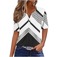 Women's Casual Striped Print T-Shirt V Neck Button Down Henley Shirts Summer Short Sleeve Color Block Blouse Tops