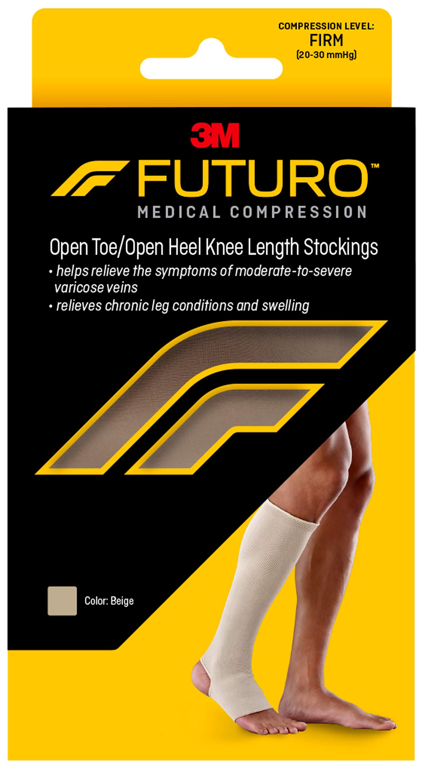Futuro - MMM-414 Therapeutic Knee Length Stocking for Men/Women, Helps Relieve Symptoms of Mild Spider Veins, Firm Compression, Open Toe/Heel, Large, Beige, 1 Count